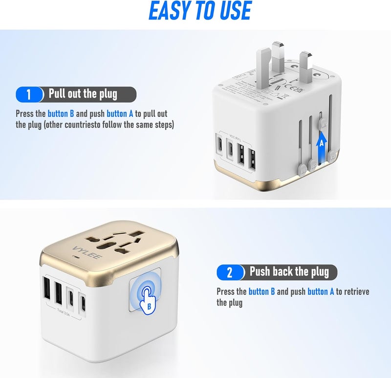 VYLEE Universal International Power Travel Plug Adapter, 5 in 1 European Travel Plug Adapter W/ 3.5A 2xUSB-A and 2xUSB C Wall Charger and Worldwide AC Outlet for Europe USA UK AUS Asia (White Gold) - Image 4